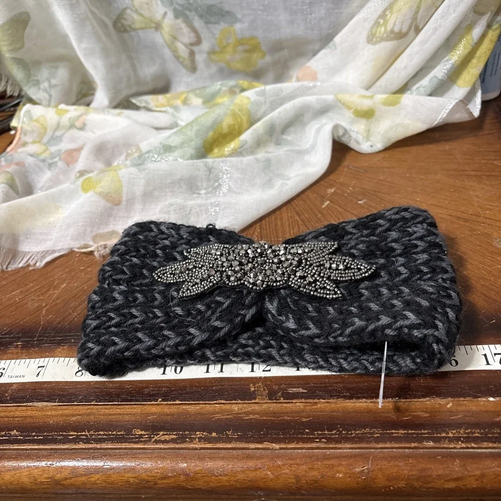 Crocheted Yarn Hair  Band Black And‎ Gray with Jeweled Accent
